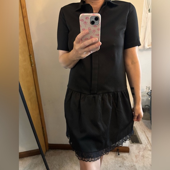 Sandro Paris Black Textured Drop Waist Shirt Dress Lace Hem - Picture 1 of 10
